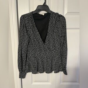 Black and White Ruffled Wrap Blouse